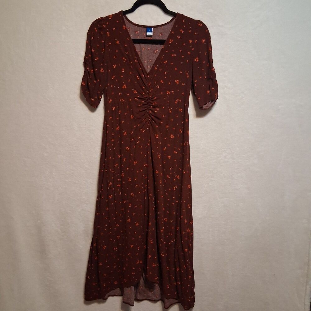 Old Navy S Dress Midi Burgundy Floral V Neck Ruched Rayon Pinup Retro Cottage